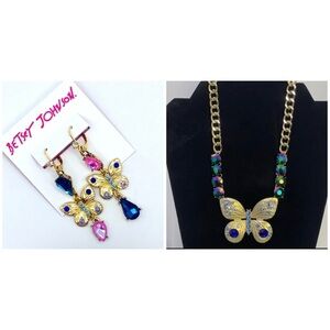 BETSEY JOHNSON SET Mismatch Butterfly Crystal-Studded Earrings Necklace NEW NWT